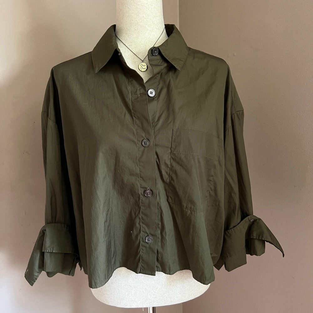 Madewell Olive Green Cropped Button Down Shirt Medium Cotton Minimalist Top